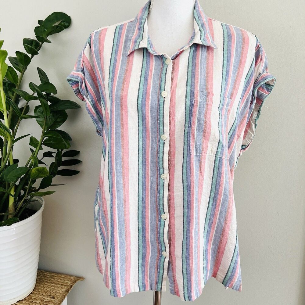 Orvis Colorful Striped Linen Blend Flowy Lightweight Buttoned Blouse Size Large